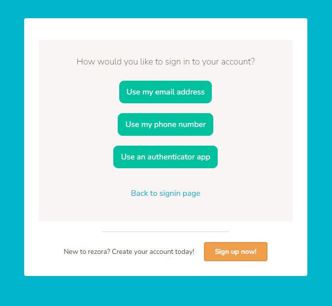 rezora sign-in screen showing Use my email address, Use my phone number, and Use an authenticator app options