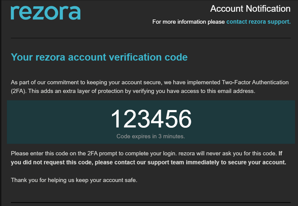 an example verification code email with a dummy verification code.