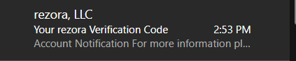an outlook email preview showing the text "Your rezora Verification Code" coming from rezora LLC (info@rezora.com