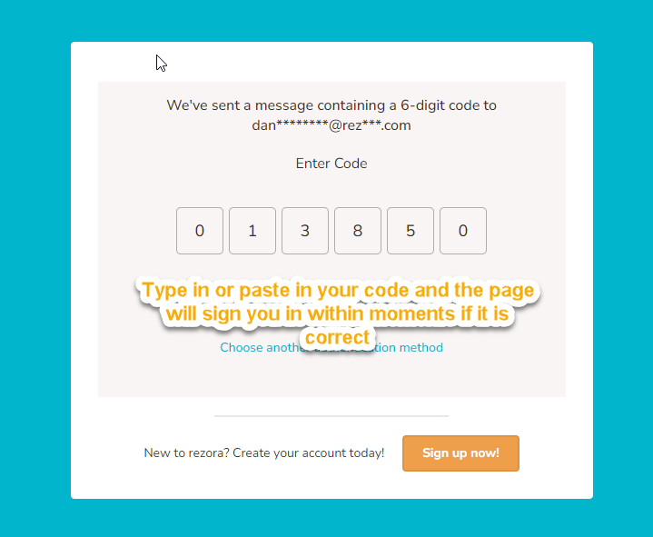 the sign in page with the 6 digit entry area filled out with a code. special text overlay for instruction says "type in or paste in your code and the pages will sign you in within moments if it is correct"