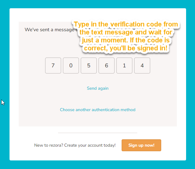 the sign in page with the 6 digit entry area filled out with a code. special text overlay for instruction says "type in the verification code from the text message and wait for just a moment. If the code is correct, you'll be signed in!"