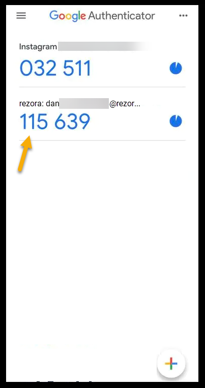 a screenshoot from Google Authenticator shows the code under an area titled "rezora:" with the email address for the account following that text.