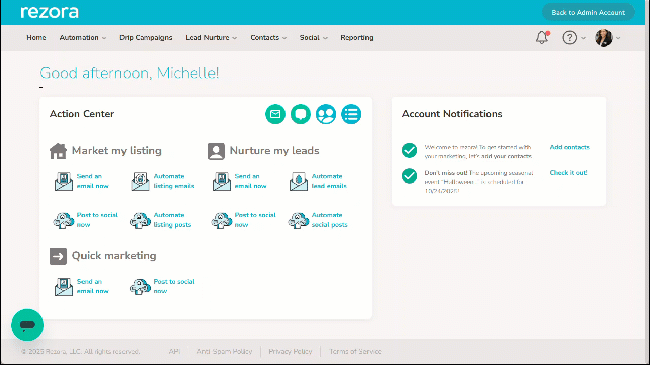 A gif showing navigation to the selection of the My Products and Billing page in the profile picture drop down menu. The gif then shows clicking the 'Subscribe' button for lead nuture, adding the Drip Campaign and Automation products, then clicking "continue to payment"