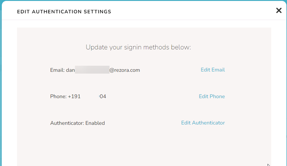 The "update your signin methods below:" page showing the Email field with a blurred entry. The "Edit Email" button sits to the right. The Phone field also has blurred contents with an "Edit Phone" button to the right. Finally, the "Authenticator" field shows "enabled" with an "Edit Authenticator" button to the right.