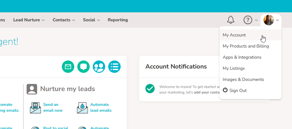 An image showing the mouse hovering over the "My Account" option under the profile menu at the top right of the rezora account.