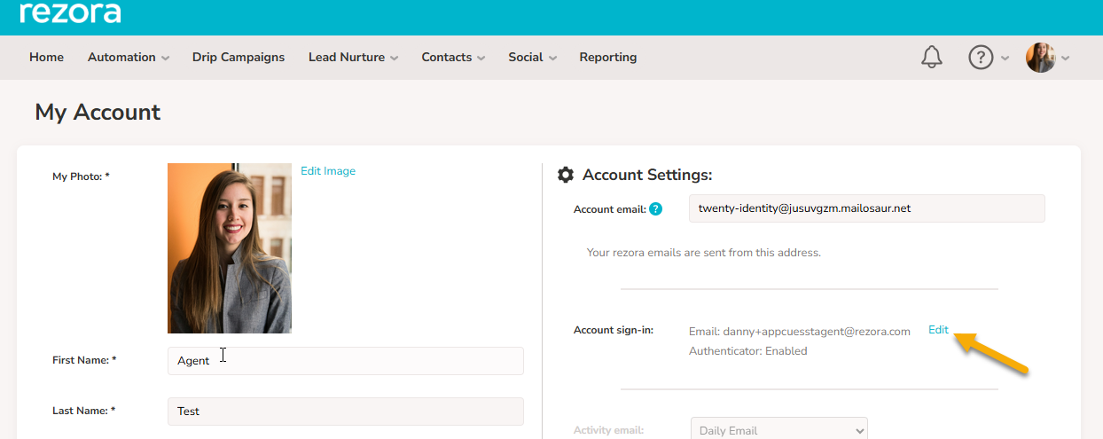 An arrow pointing to the "Edit" button to the right of the "Account sign-in" area