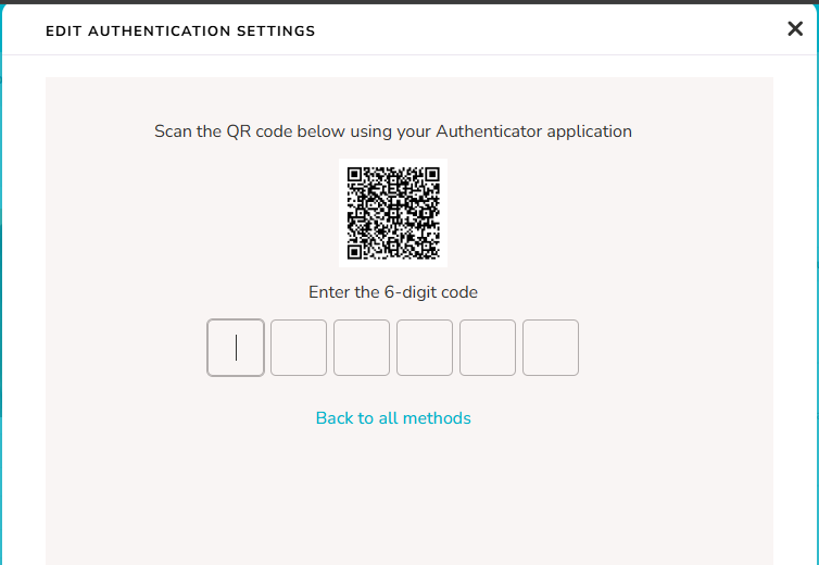 An image of the Scan the QR code using your Authenticator Application page displaying the code entry box.