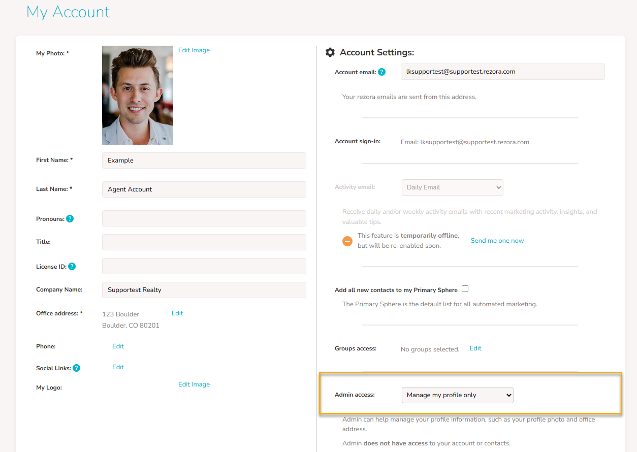 Scroll to the "Admin access" area in the right column.