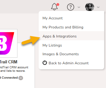 The profile picture menu is expanded and the "Apps & Integrations" menu is highlighted.