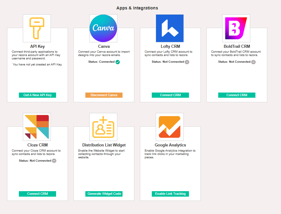 The Apps & Integrations page shows the available integrations: API Key, Canva, Lofty CRM, BoldTrail CRM, Cloze CRM, and Google analytics. As well as our Distribution List Widget and API Key generation areas.