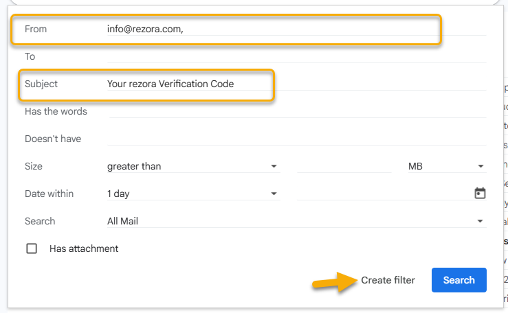 Highlighted boxes show "info@rezora.com" in the "From" field and "Your rezora Verification Code" in the "Subject" field. An arrow at the bottom shows "Create Filter".
