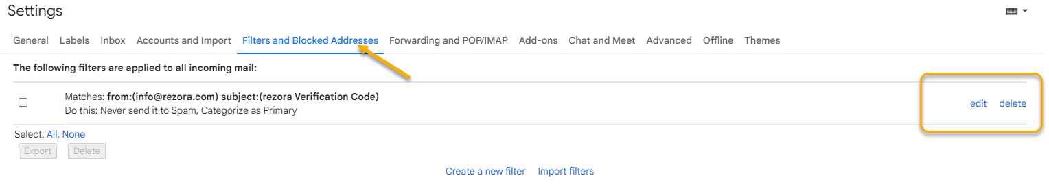 An arrow points to the "Filters and Blocked Addresses" tab at the top with the filter that was just set up in the main area. A highlighted area to the right shows the edit and delete buttons for the new filter.