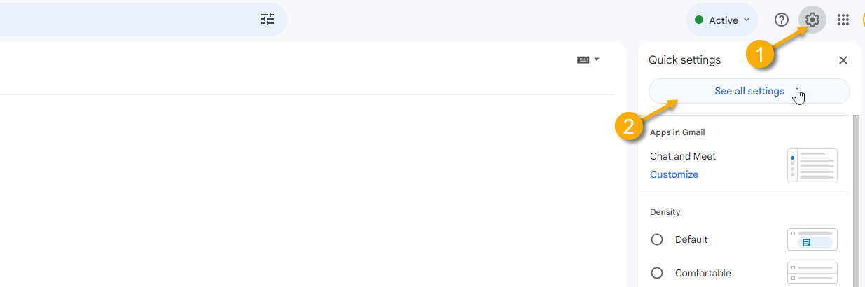 In Gmail, an arrow points to the Settings cog wheel at the top right with a second arrow pointing to the "See All Settings" button.
