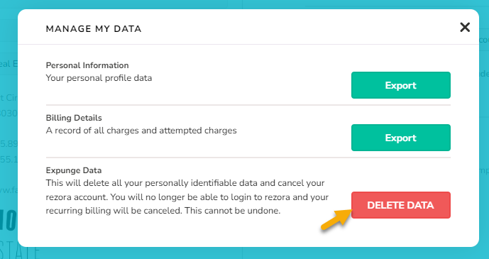 The Manage My Data menu is open. An arrow is pointing to the "Delete Data" menu option.