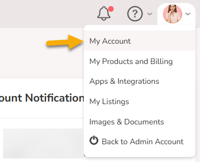 The Profile menu is opened by hovering over the profile picture at the top right, an arrow points to the My Account option.