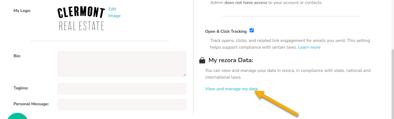 At the bottom right of the My Account page is the "My rezora Data" section. An arrow points to "View and manage my data"