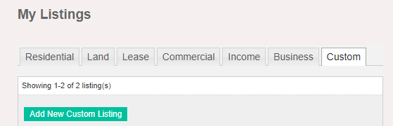 A picture of the My Listings page where the Custom tab has been opened. The "Add New Custom Listing" button sits prominently on top.