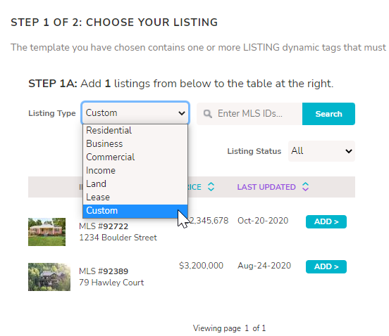 The "Choose Your Listing" step of a Lead Nurture email with the "Listing Type" menu opened and "Custom" selected.