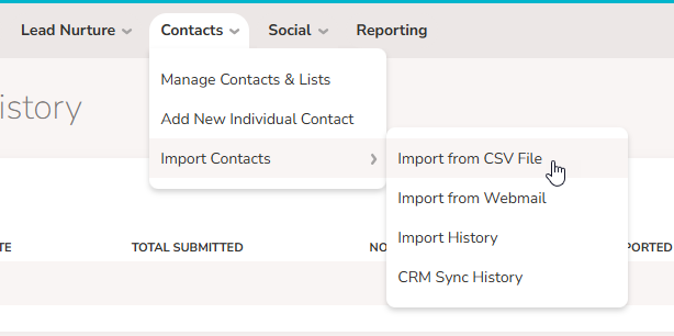 An image showing the Contacts menu expanded, the Import Contacts submenu expanded, and the cursor on the Import from CSV FIle option.