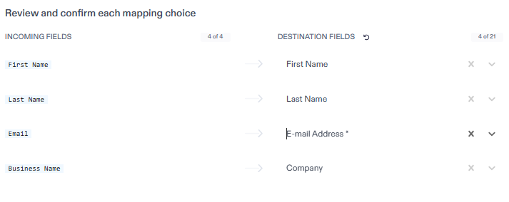 The Map Fields step is shown here with the incoming fields on the left matched to the correct rezora (destination) fields on the right.