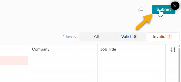 An arrow pointing to the Submit button at the top right of the modal.