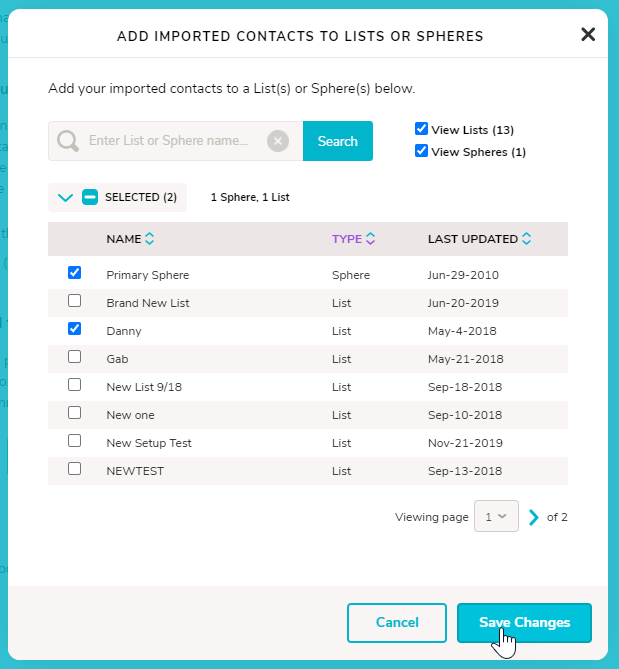 An image showing the "Add imported contacts to list or spheres" modal with some lists selected. The cursor is hovering over the Save Changes button.