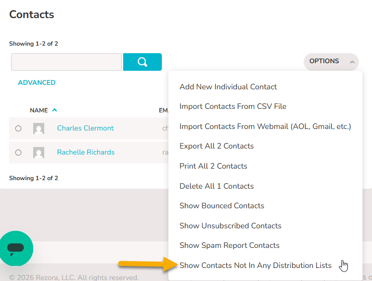 An image of the Options menu opened on the Contacts page. The cursor hovers over "Show Contacts Not in Any Distribution Lists"