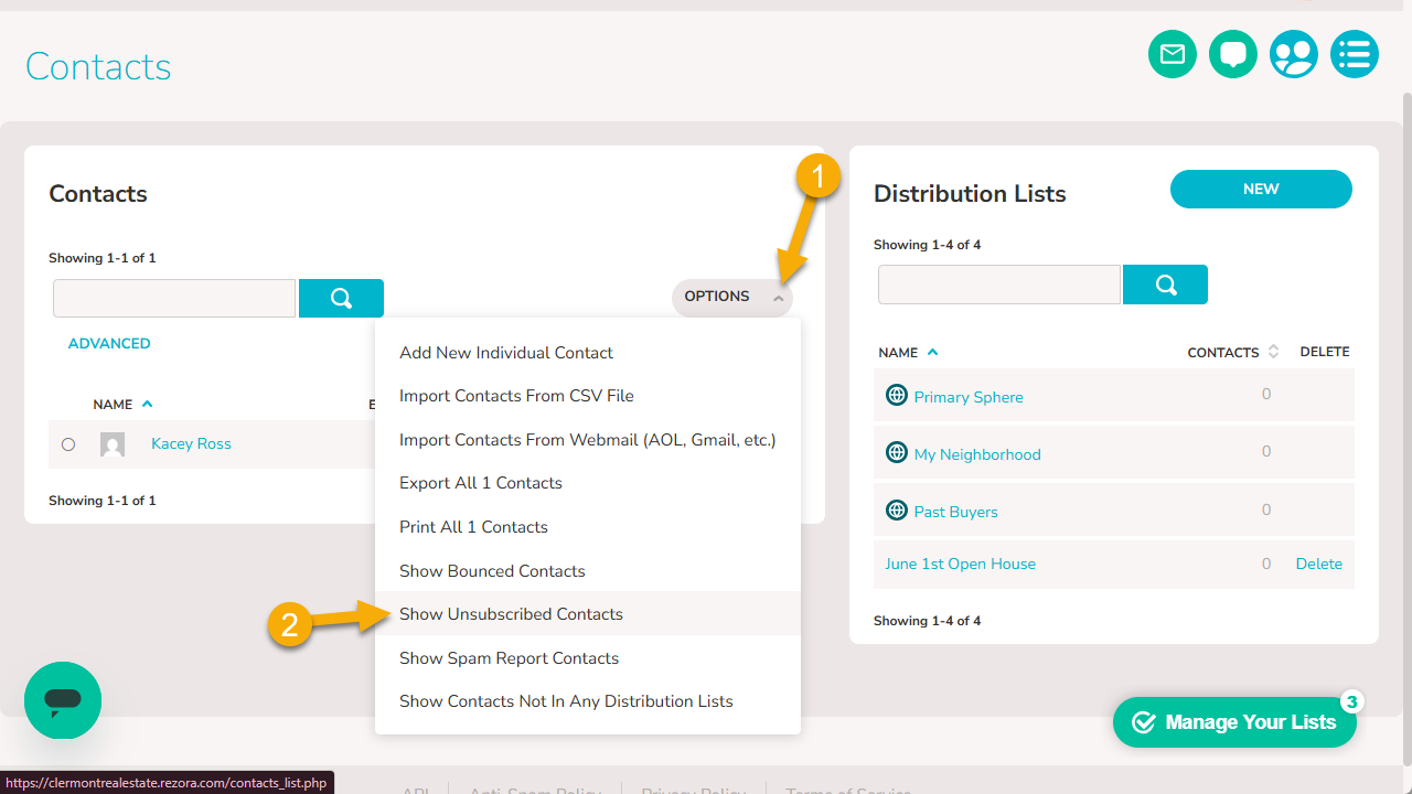 On the "Contacts" page, the "options" button has been clicked, and an arrow points to the "Show Unsubscribed Contacts" option.