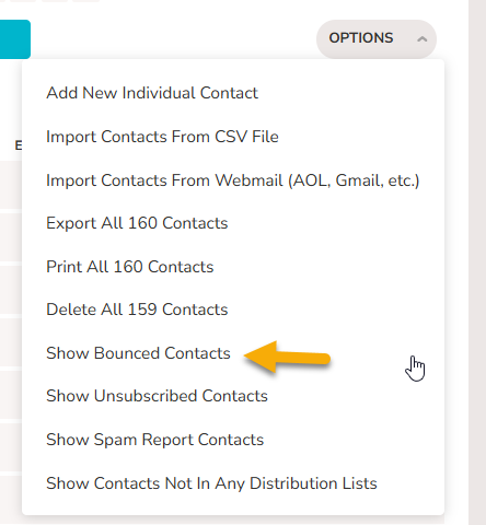 An image of the Options menu opened on the Contacts page. The cursor hovers over "Show Bounced Contacts"
