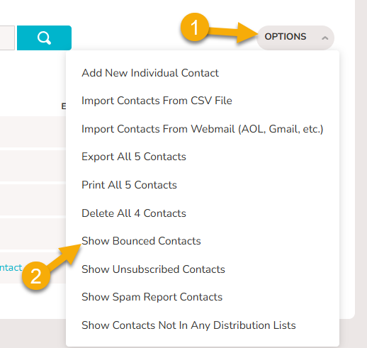An image showing the Options menu open on the Contacts page. An arrow points to the "Show Bounced Contacts" option.