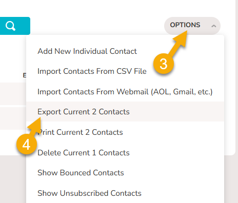 An image showing the Options menu open on the Contacts page. An arrow points to the "Export Current XXXX Contacts" option.