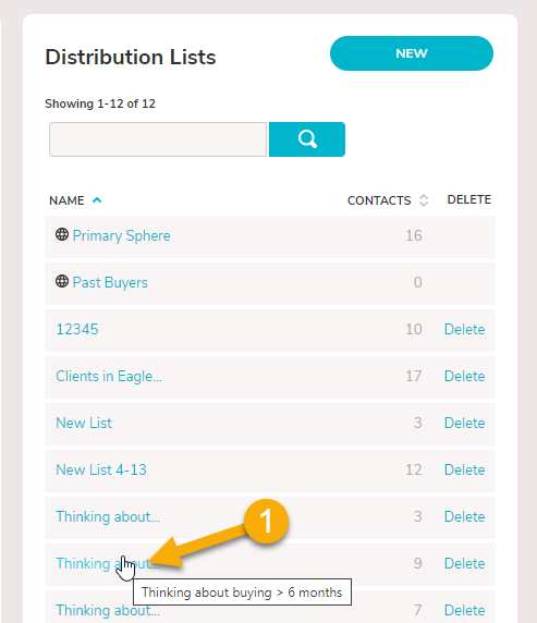An image of the "Distribution Lists" area. It shows a cursor clicking on the name of a Distribution List to open it.