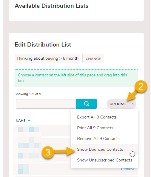 An image of the 'Edit Distribution List" area on the Contacts page. An arrow points to the 'Options' menu and a second points to "Show bounced contacts"