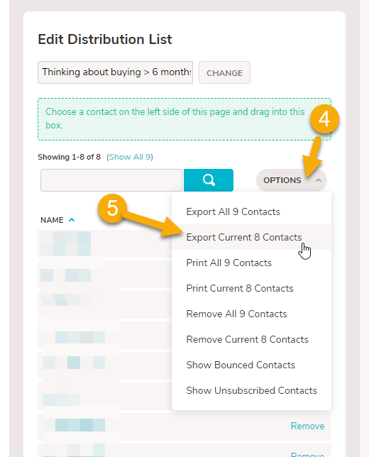 An image of the 'Edit Distribution List" area on the Contacts page. An arrow points to the 'Options' menu and a second points to "Export Current XXXX Contacts"