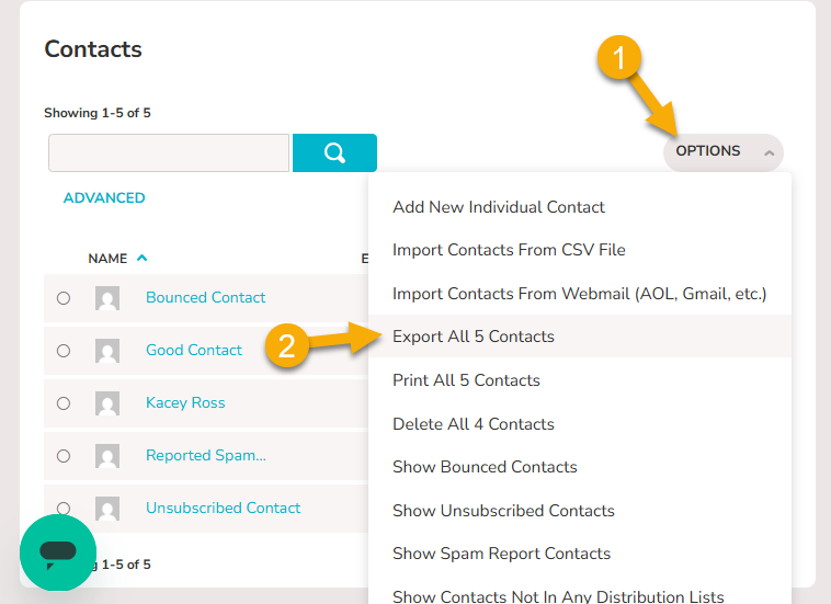 On the Contacts page, the Options menu has been expanded. There is an arrow pointing to "Export All X Contacts"