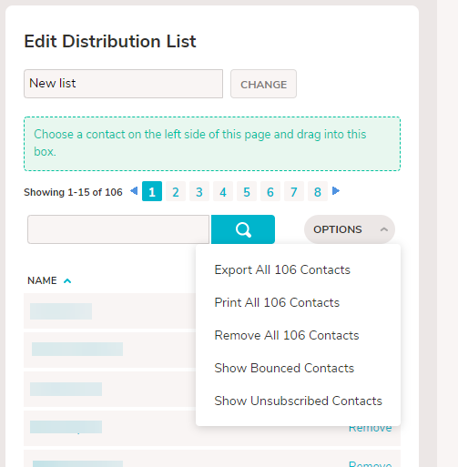 The "Edit Distribution List" box from the right side of the page with the "Options" menu expanded. The first option is "Export All XXXX Contacts"
