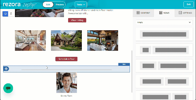 A gif showing the email editor. The user clicks the 'Content' tab at the top right, then drags and drops a Paragraph content block into the area.
