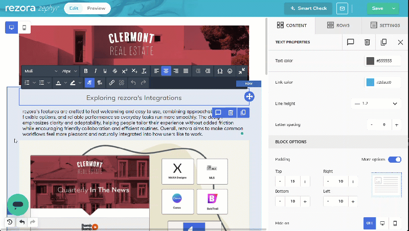A gif shows a text area click, then the user edits the content by highlighting a section of text and making it Bold in the WYSIWYG editor above.