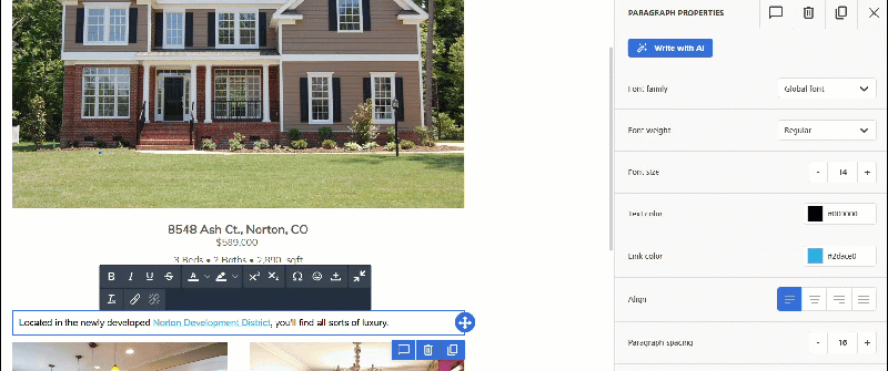 The "Link Color" area of a text content block is clicked, expanding the "Content Properties" area. The "link color" is then changed to affect the color of the link.