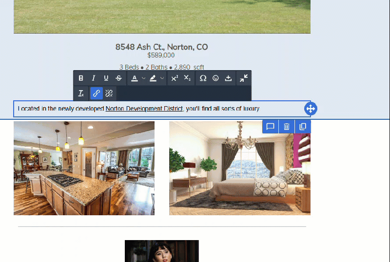 A gif where the "insert link" option is selected for already linked text is clicked. The "Underline Link" box is unchecked, then saved. The linked text then has no underline