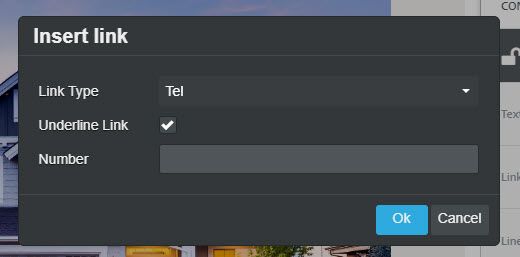 The insert link field with a link type of Tel