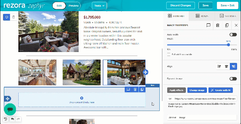 A GIF showing a button being added, the text changed to "Schedule Your Tour", and a link added in the "Action" field.