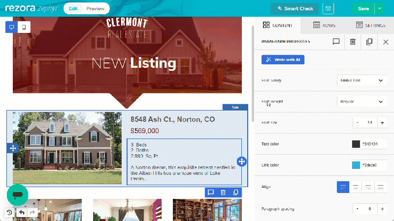 A gif showing a Button content block dragged into place. The button is clicked in the main area and "Schedule Your Viewing" is typed in. A URL is posted in the Action field and the button's color is customized.