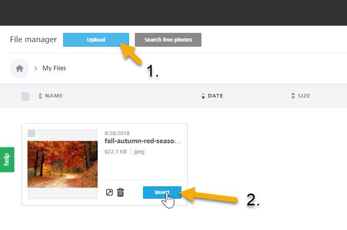A view of the My Files folder with one arrow over the "upload" button and another on the "insert" button under an image.