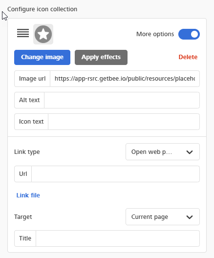 An image of the "configure icon" area where text, alt text, a link, and hover options can be selected.