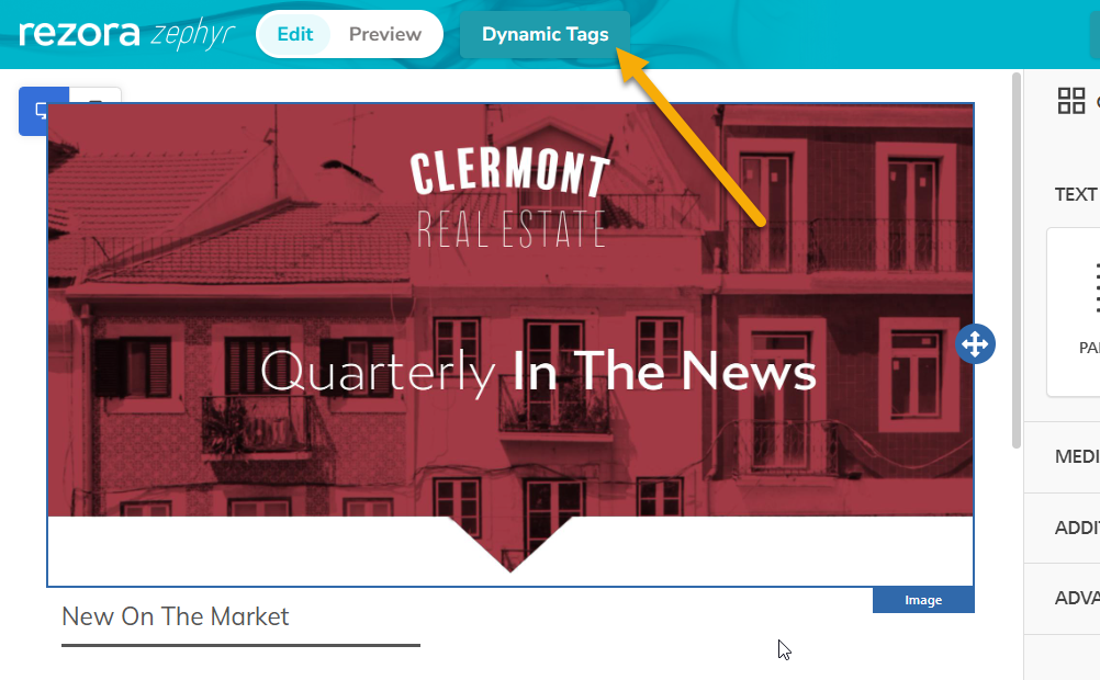 An arrow pointing to the Dynamic Tags button at the top of the Template Builder in an admin account.
