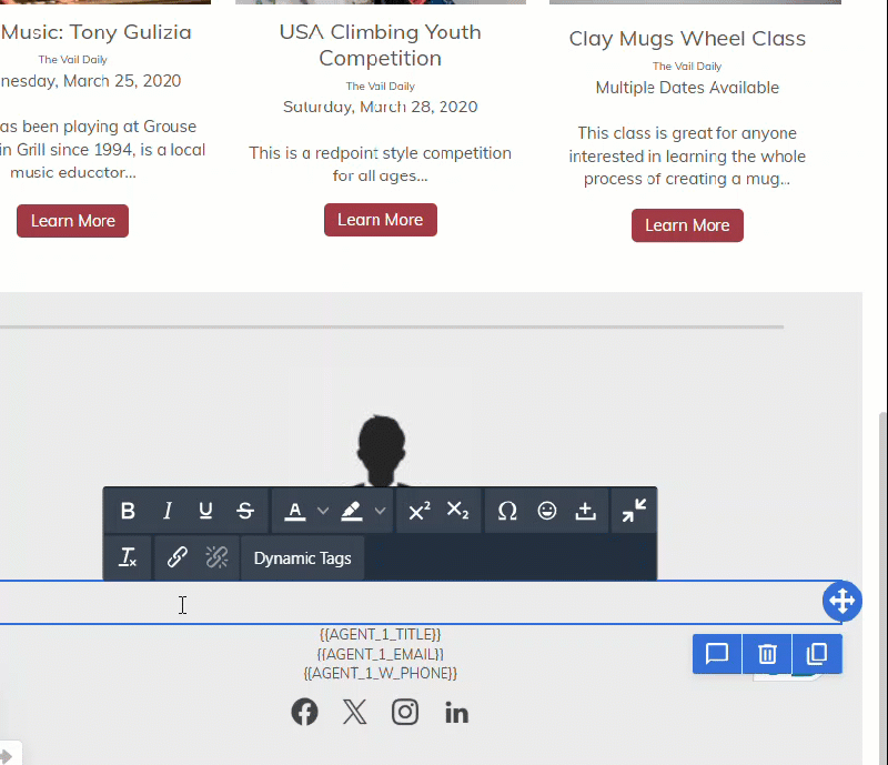 A gif showing the "Dynamic Tags" button being clicked in a text content area. The Tag type is switched to "Agent" then the "insert" button is used for the Agent Name tag.