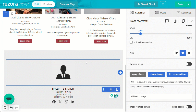 A gif shows an image being clicked, the "Dynamic Image" toggle turned on, the "Dynamic Tags" button clicked, then the Agent Photo tag copied. The tag is then pasted into the Dy