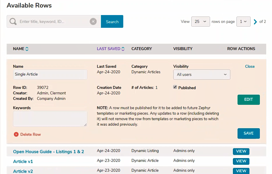 A view of the row manager with a row expanded. You can edit the Name and add Keywords. The Visibility drop down is set to "All users" and the Edit and Save buttons are visible on the right.