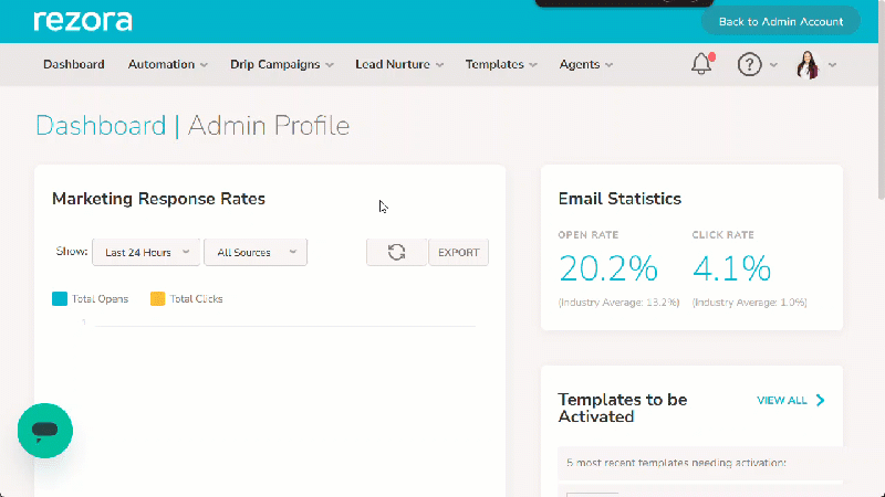 An admin hovers over "Templates" then clicks "Row Manager". They then expand out a row by clicking the "View" button.